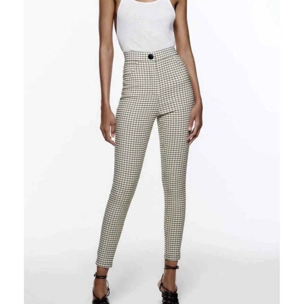 Zara Checked/Plaid Pants Skinny Leg High Rise Black Beige Stretch